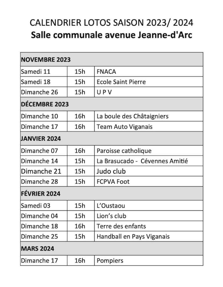 Calendrier des lotos saison 20232024 Le Vigan